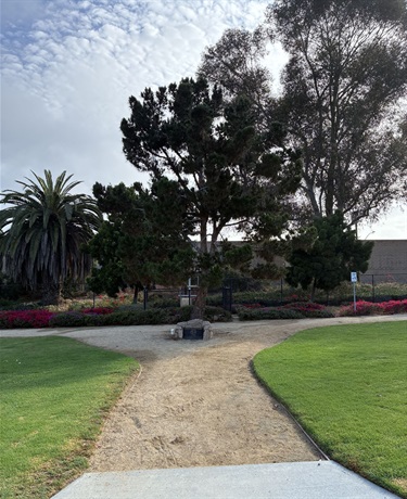 Pathway leading to a memorial tree at Calle Paloma Parkette, surrounded by lawn areas, mature trees, and landscaped gardens.