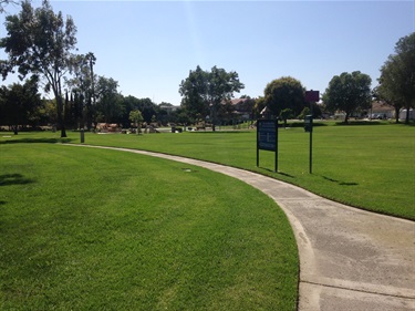 Curved concrete pathway through a grassy park with trees and two blue park signs visible in the distance under a clear sky.