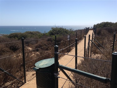 Narrow dirt trail bordered by metal posts and cables, leading toward the ocean. A green trash bin is in the foreground, with dry shrubs on both sides and clear blue water in the distance.