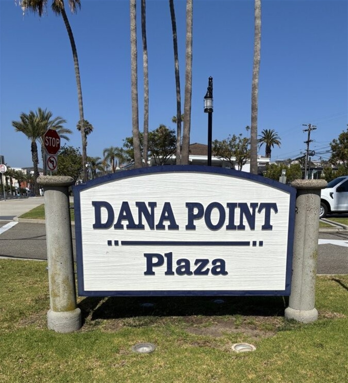 Sign reading “Dana Point Plaza” on a grassy corner, with palm trees and a street in the background.