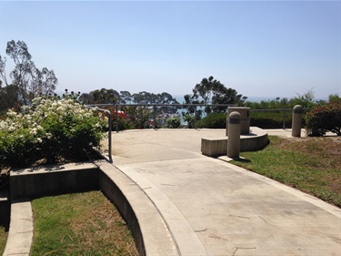 Concrete pathway with curved edges leading to an open viewpoint, bordered by grass and flowering shrubs, with short cylindrical light fixtures along the sides and an ocean view in the distance under a clear blue sky.