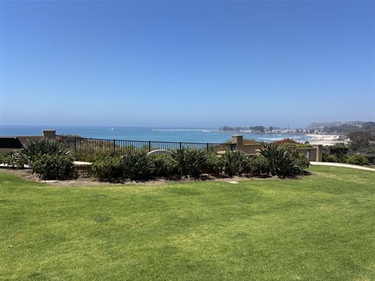 Louise Leyden Park grassy lawn overlooking the ocean, with low shrubs along the edge, a rocky shoreline and calm blue water in the distance under a clear sky.