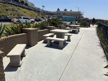 Louise Leyden Park concrete walkway lined with picnic tables and benches beside raised planters with succulents, overlooking parked cars, a street, and coastal views in the distance.