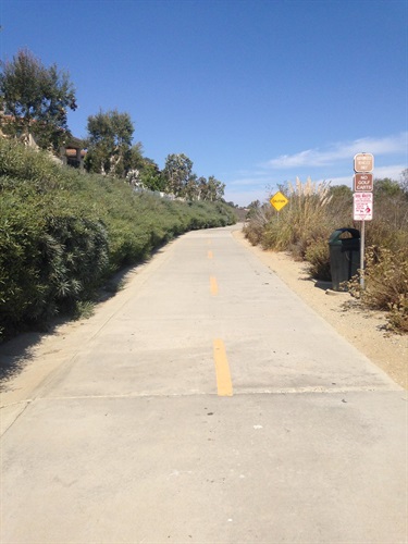 Straight concrete path with a yellow center line, bordered by green shrubs and dry grass, with a signpost and trash bin on the right under a clear blue sky.