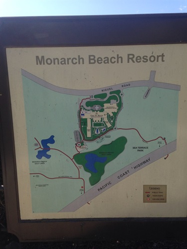 Map of Monarch Beach Resort showing roads, green areas, water features, and the Pacific Coast Highway at the bottom.