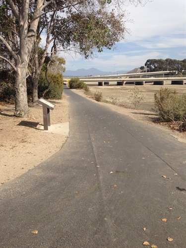 Paved path curving through a sandy area with a tree and signpost on the left, leading toward a bridge in the background under a partly cloudy sky.