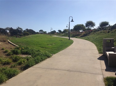 Curved concrete pathway through a grassy park with lamp posts and trees under a clear blue sky.