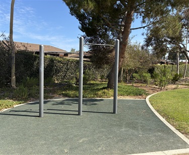 Pull-up bars and exercise equipment at Sycamore Creek Trail, located beside a curved walking path in a landscaped park setting.